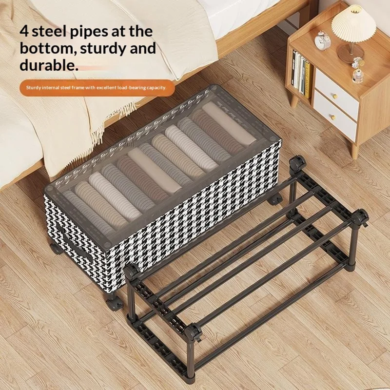 Under Bed Storage Box with Wheels 77cm Long Dustproof Foldable Clothing Organizer Container - Houndstooth  /  Transparent Lid