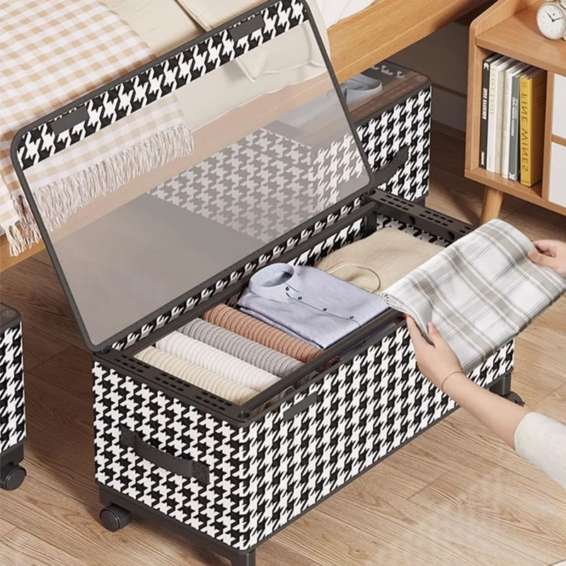 Under Bed Storage Box with Wheels 77cm Long Dustproof Foldable Clothing Organizer Container - Houndstooth  /  Transparent Lid