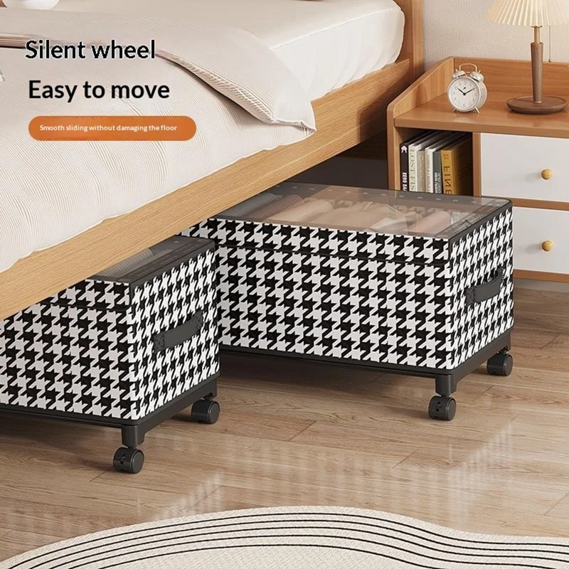 Under Bed Storage Box with Wheels 77cm Long Dustproof Foldable Clothing Organizer Container - Houndstooth  /  Transparent Lid
