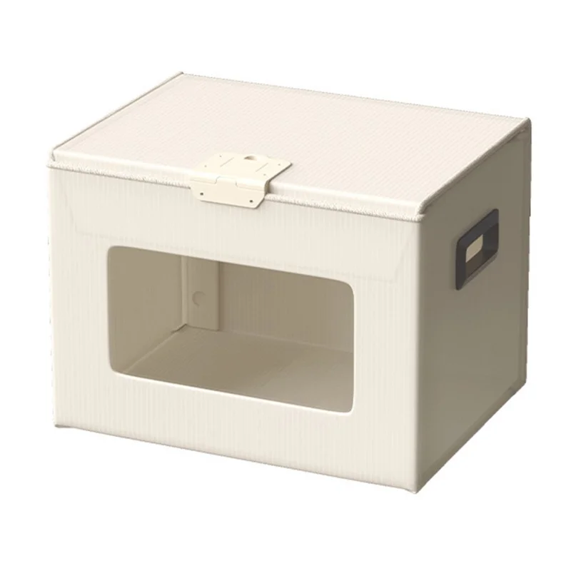 Boîte de rangement taille M 37 x 27,5 x 26 cm avec couvercle verrouillable, fenêtre transparente, contenant pliable en plastique - Beige