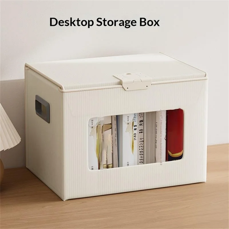 Boîte de rangement taille M 37 x 27,5 x 26 cm avec couvercle verrouillable, fenêtre transparente, contenant pliable en plastique - Beige