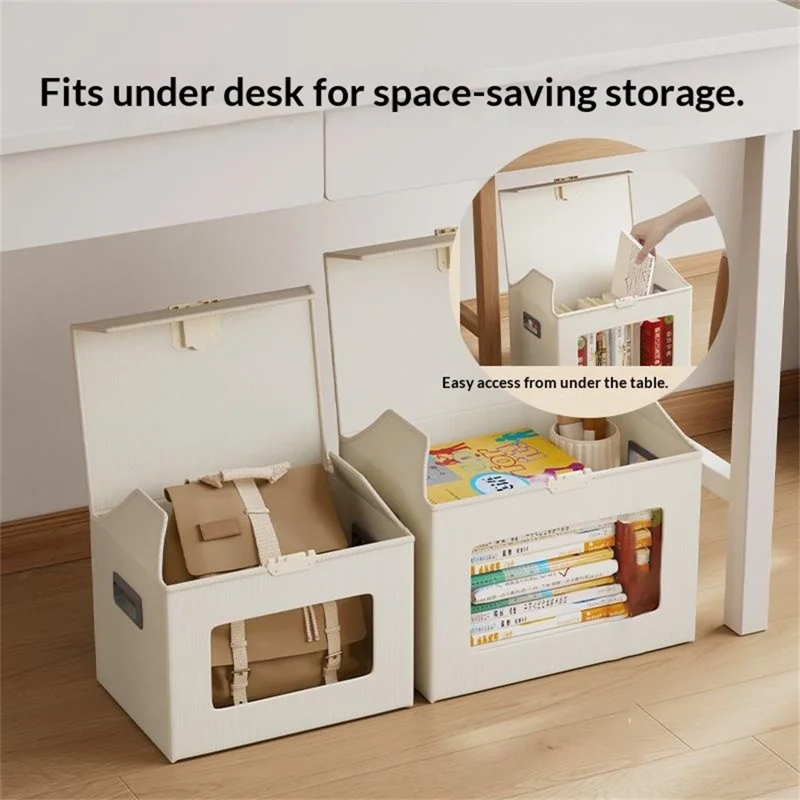 Boîte de rangement taille M 37 x 27,5 x 26 cm avec couvercle verrouillable, fenêtre transparente, contenant pliable en plastique - Beige