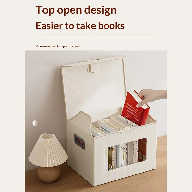 Boîte de rangement taille M 37 x 27,5 x 26 cm avec couvercle verrouillable, fenêtre transparente, contenant pliable en plastique - Beige