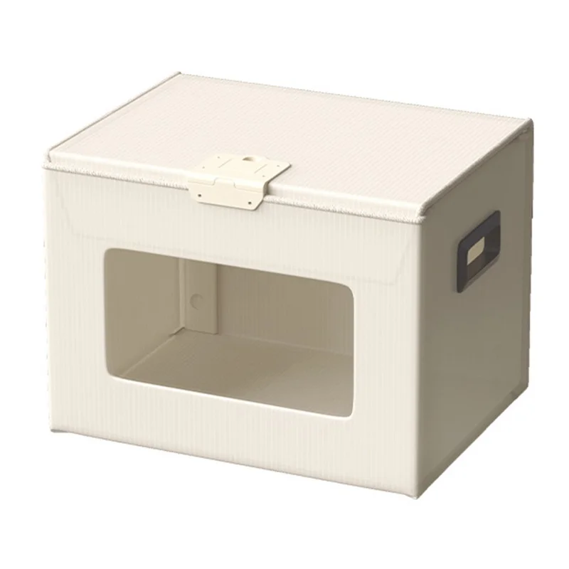 Boîte de rangement taille L 44 x 29 x 30 cm avec couvercle verrouillable, fenêtre transparente, contenant pliable en plastique - Beige
