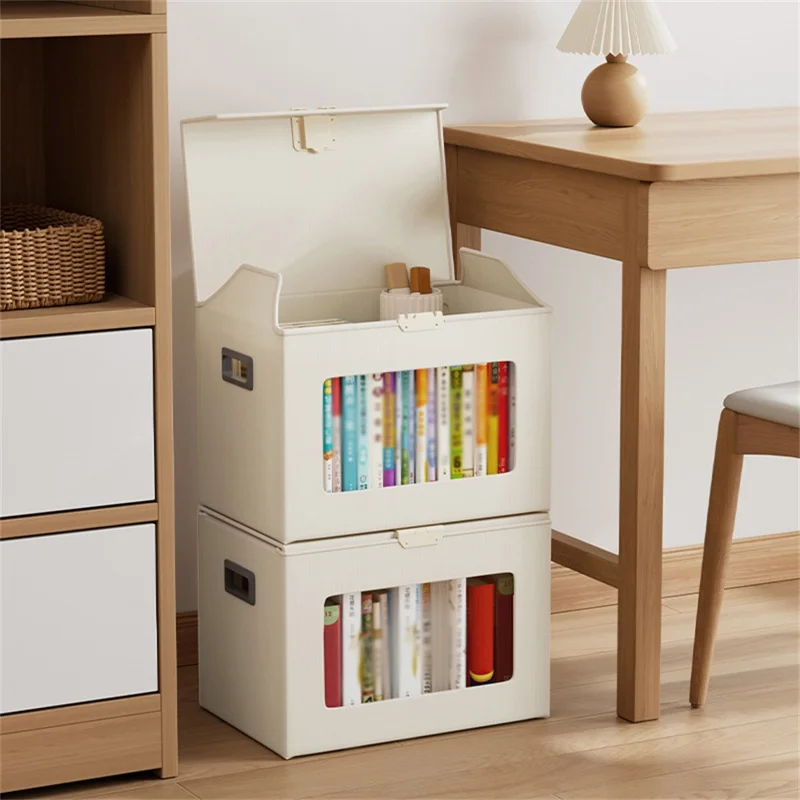 Boîte de rangement taille L 44 x 29 x 30 cm avec couvercle verrouillable, fenêtre transparente, contenant pliable en plastique - Beige