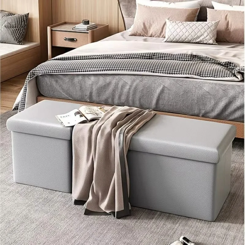 25 x 25 x 25cm 16L PU Leather Storage Ottoman Foldable Seat Stool Footrest Pouffe for Entryway Kids Room - Grey
