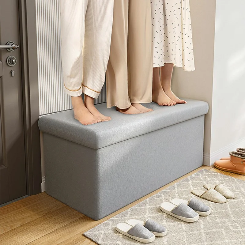 Tabouret de rangement en cuir PU 49 x 31 x 31 cm 47 L, pouf pliable, siège, repose-pieds pour entrée, chambre d'enfant - Gris