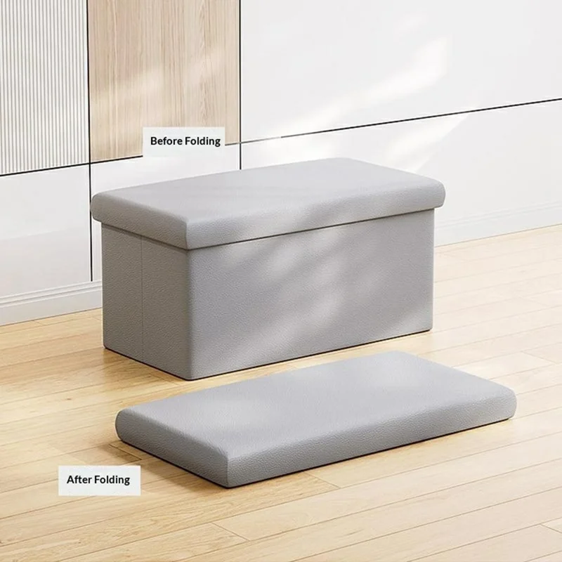 Tabouret de rangement en cuir PU 49 x 31 x 31 cm 47 L, pouf pliable, siège, repose-pieds pour entrée, chambre d'enfant - Gris