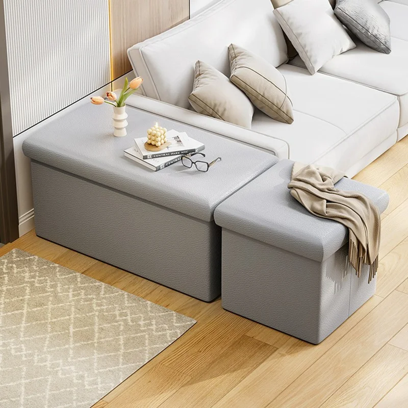 Tabouret de rangement en cuir PU 49 x 31 x 31 cm 47 L, pouf pliable, siège, repose-pieds pour entrée, chambre d'enfant - Gris