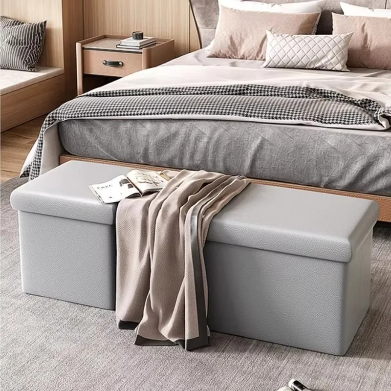 76 x 38 x 38cm 110L PU Leather Storage Ottoman Foldable Seat Stool Footrest Pouffe for Entryway Kids Room - Grey