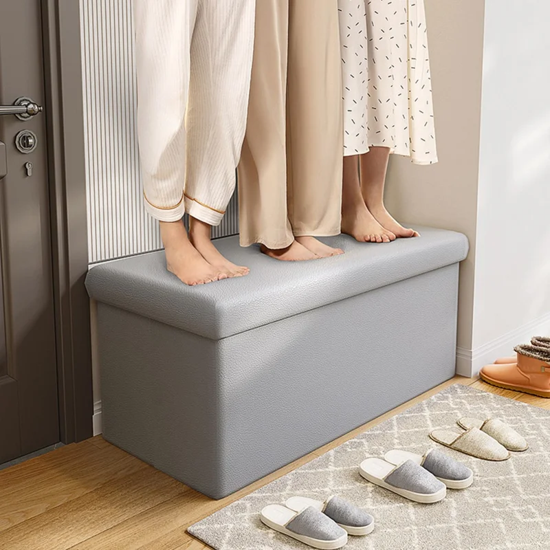 76 x 38 x 38cm 110L PU Leather Storage Ottoman Foldable Seat Stool Footrest Pouffe for Entryway Kids Room - Grey