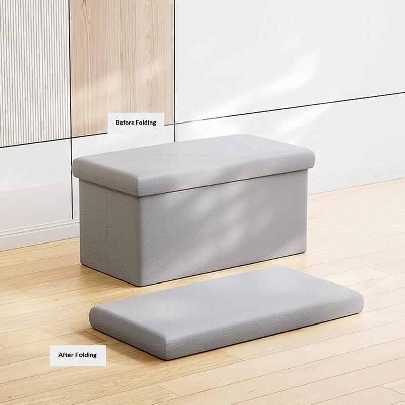 76 x 38 x 38cm 110L PU Leather Storage Ottoman Foldable Seat Stool Footrest Pouffe for Entryway Kids Room - Grey