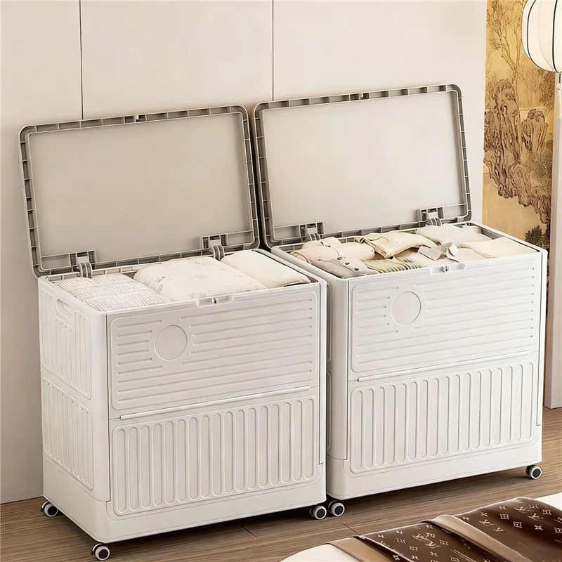 Boîte de rangement en plastique pliable avec couvercle basculant, à roulettes, grand volume, bac de rangement pour vêtements et jouets