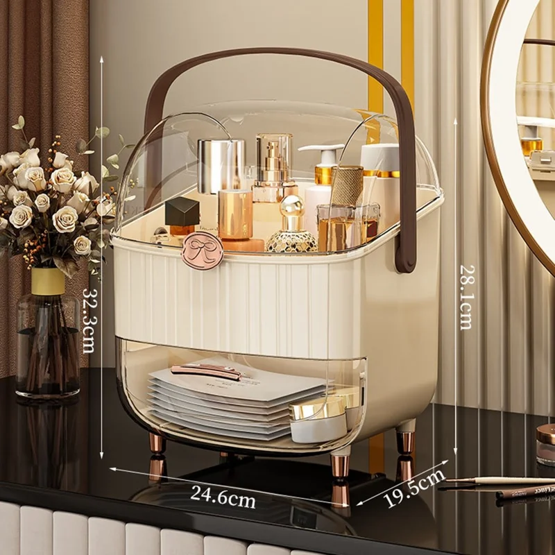 Cosmetic Organizer with Lid Dust Proof Desktop Makeup Storage Box Large Capacity Drawer Lipstick Organizer - Beige