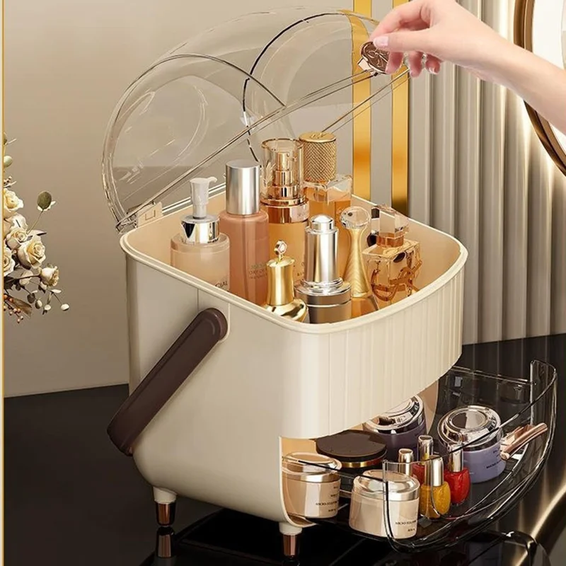 Cosmetic Organizer with Lid Dust Proof Desktop Makeup Storage Box Large Capacity Drawer Lipstick Organizer - Beige