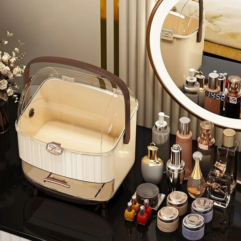 Cosmetic Organizer with Lid Dust Proof Desktop Makeup Storage Box Large Capacity Drawer Lipstick Organizer - Beige