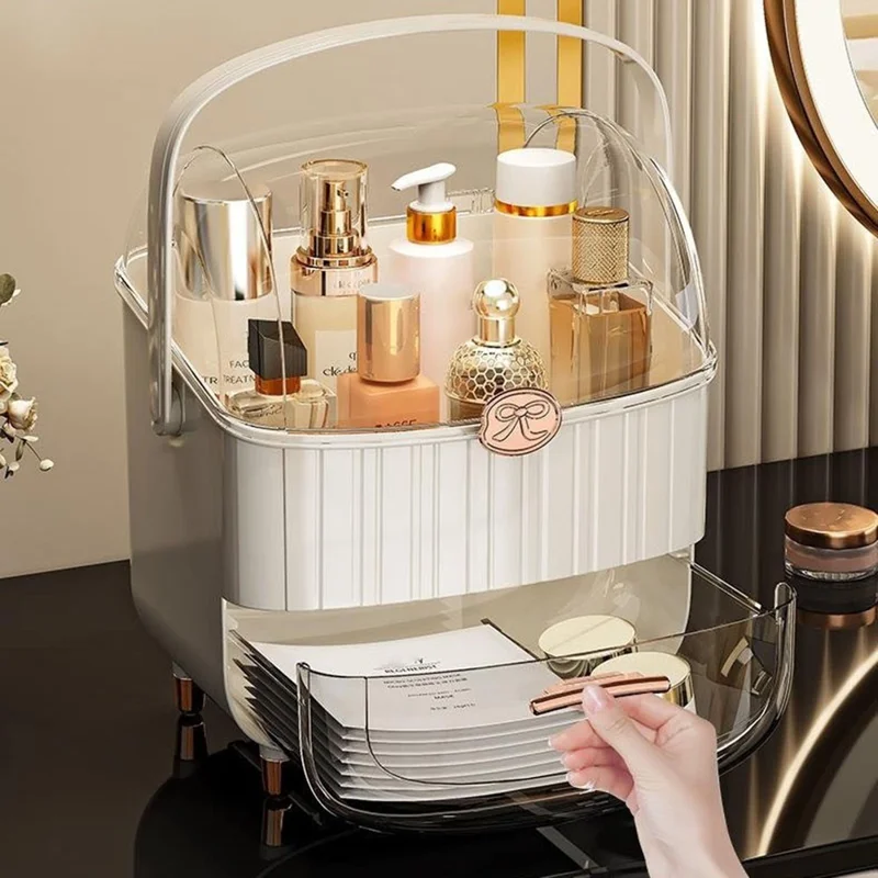 Cosmetic Organizer with Lid Dust Proof Desktop Makeup Storage Box Large Capacity Drawer Lipstick Organizer - Beige