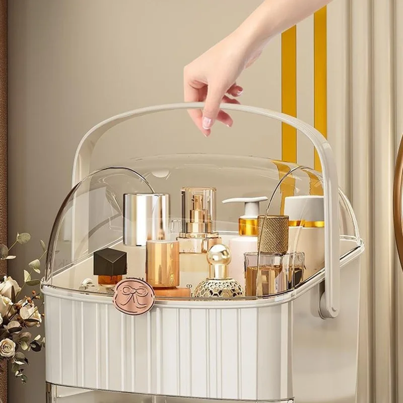 Cosmetic Organizer with Lid Dust Proof Desktop Makeup Storage Box Large Capacity Drawer Lipstick Organizer - Beige