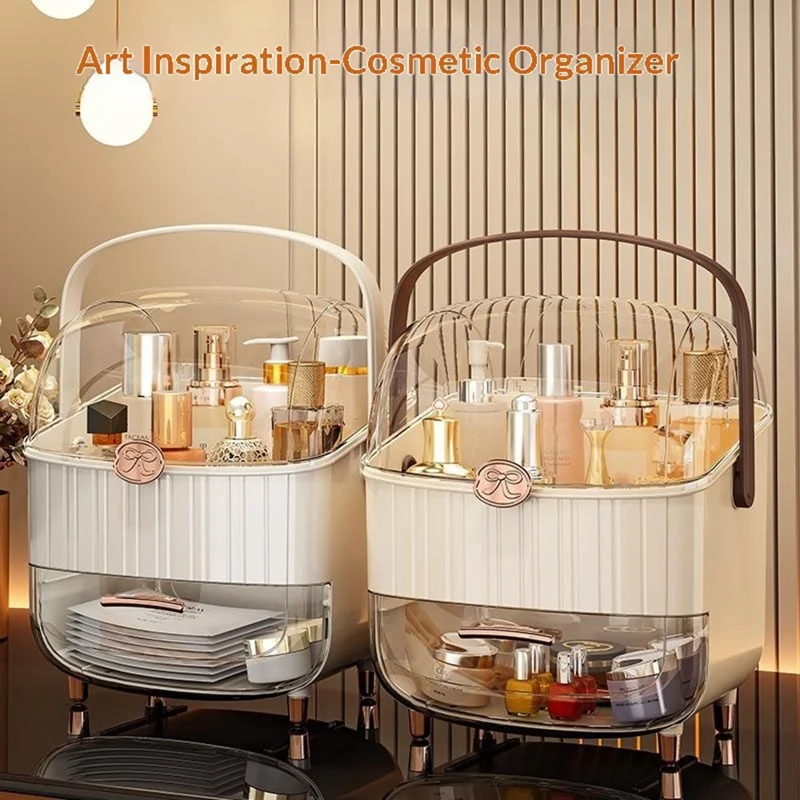 Cosmetic Organizer with Lid Dust Proof Desktop Makeup Storage Box Large Capacity Drawer Lipstick Organizer - Beige