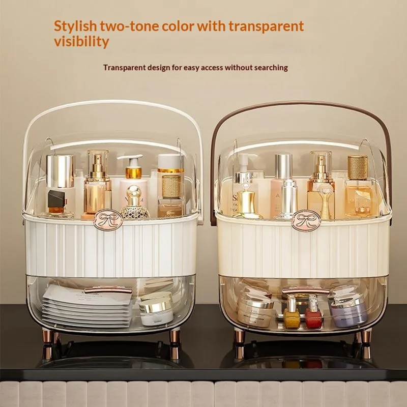 Cosmetic Organizer with Lid Dust Proof Desktop Makeup Storage Box Large Capacity Drawer Lipstick Organizer - Beige