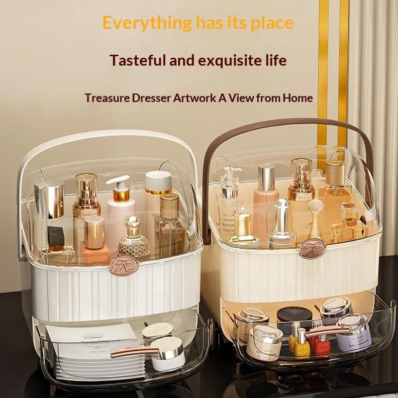 Cosmetic Organizer with Lid Dust Proof Desktop Makeup Storage Box Large Capacity Drawer Lipstick Organizer - Beige