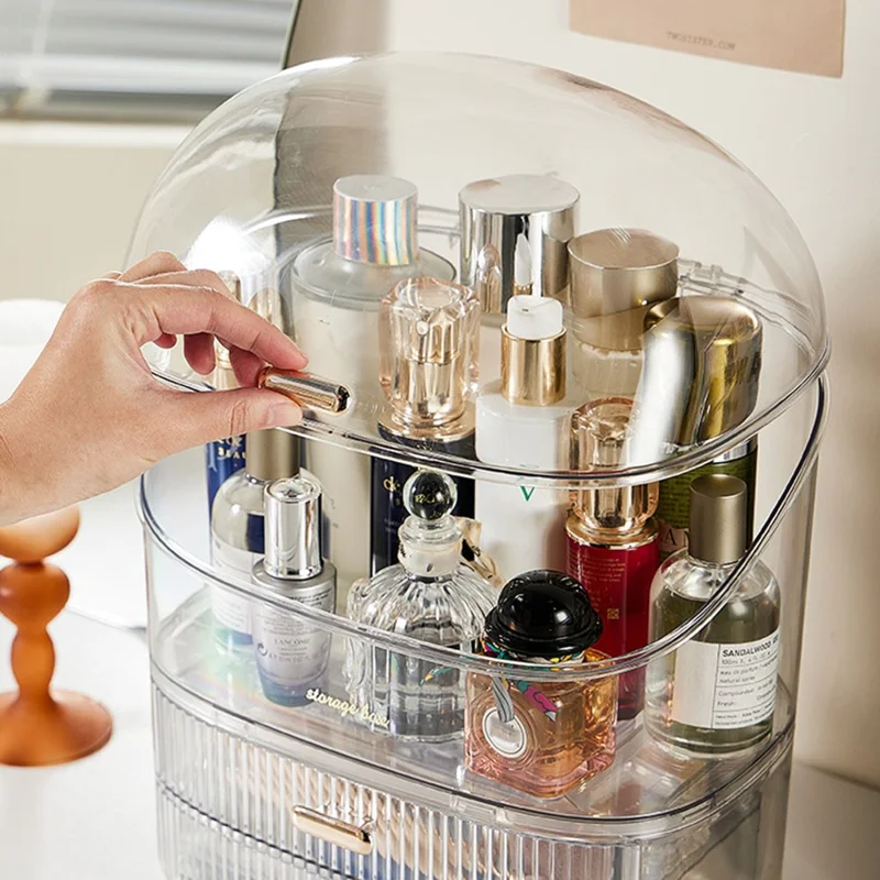 Clear Makeup Organizer Box With Lid 2 Drawer Storage Cosmetic Case Desktop Dustproof Beauty Organizer - Transparent