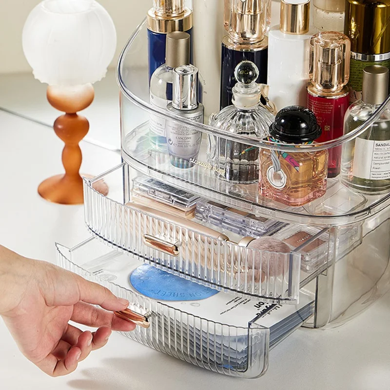 Clear Makeup Organizer Box With Lid 2 Drawer Storage Cosmetic Case Desktop Dustproof Beauty Organizer - Transparent