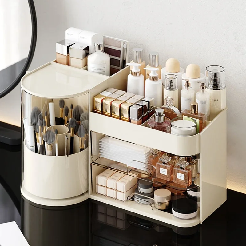 Desktop Makeup Organizer With Drawer 2 In 1 Rotating Storage Box Large Capacity Dustproof Cosmetic Holder - Beige