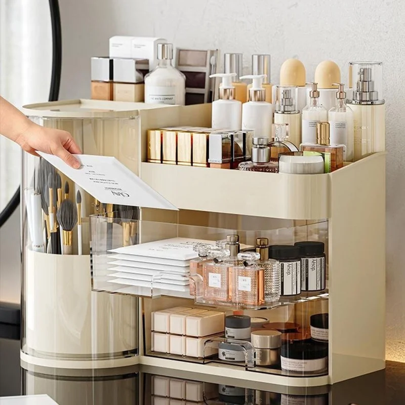 Desktop Makeup Organizer With Drawer 2 In 1 Rotating Storage Box Large Capacity Dustproof Cosmetic Holder - Beige