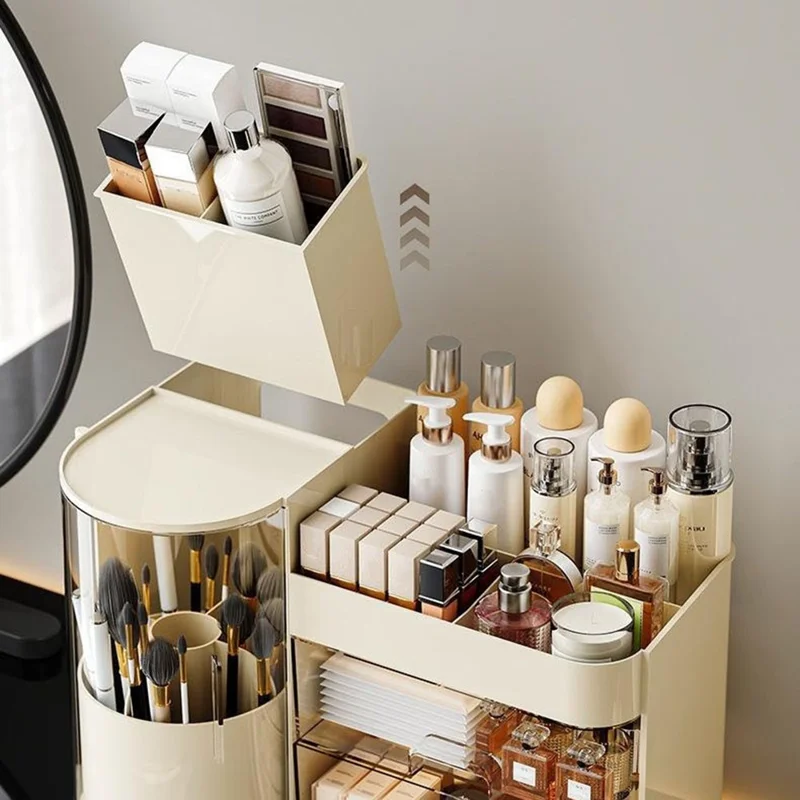 Desktop Makeup Organizer With Drawer 2 In 1 Rotating Storage Box Large Capacity Dustproof Cosmetic Holder - Beige