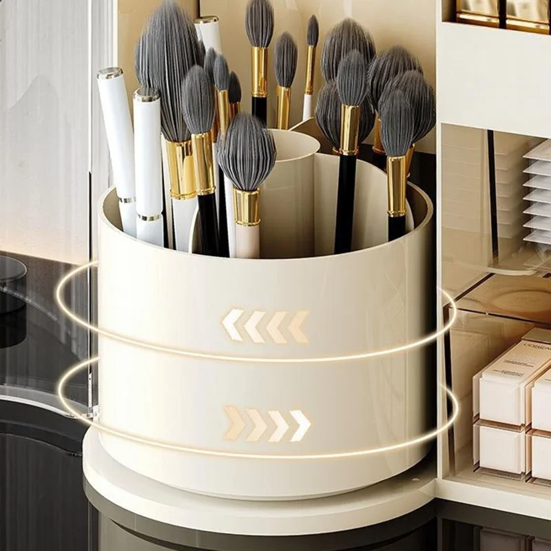 Desktop Makeup Organizer With Drawer 2 In 1 Rotating Storage Box Large Capacity Dustproof Cosmetic Holder - Beige