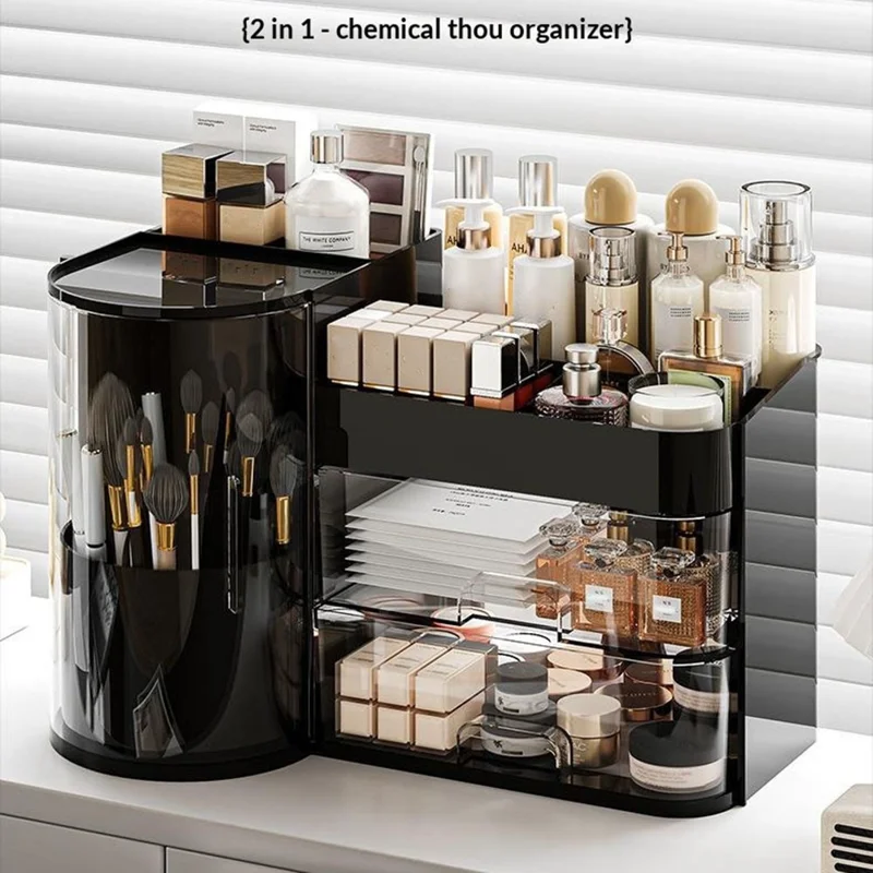 Desktop Makeup Organizer With Drawer 2 In 1 Rotating Storage Box Large Capacity Dustproof Cosmetic Holder - Beige