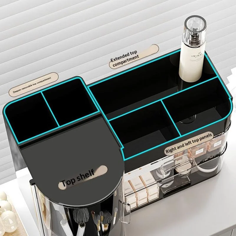 Desktop Makeup Organizer With Drawer 2 In 1 Rotating Storage Box Large Capacity Dustproof Cosmetic Holder - Beige