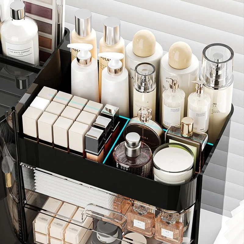 Desktop Makeup Organizer With Drawer 2 In 1 Rotating Storage Box Large Capacity Dustproof Cosmetic Holder - Beige