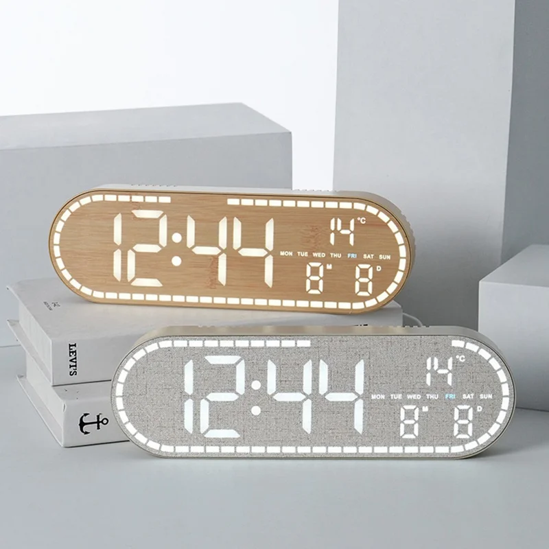 Horloge murale ovale multifonction GH8053, horloge électronique LED réglable avec 4 niveaux de luminosité, affichage de la date et de la température - Jaune