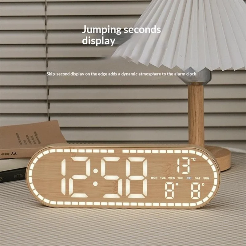 Horloge murale ovale multifonction GH8053, horloge électronique LED réglable avec 4 niveaux de luminosité, affichage de la date et de la température - Jaune