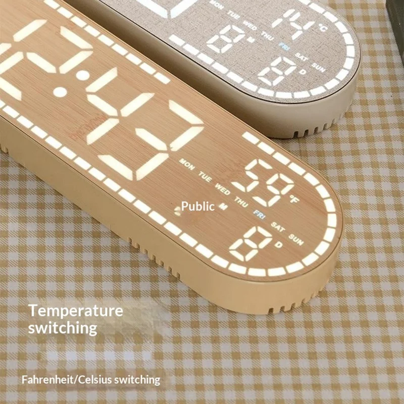 Horloge murale ovale multifonction GH8053, horloge électronique LED réglable avec 4 niveaux de luminosité, affichage de la date et de la température - Jaune