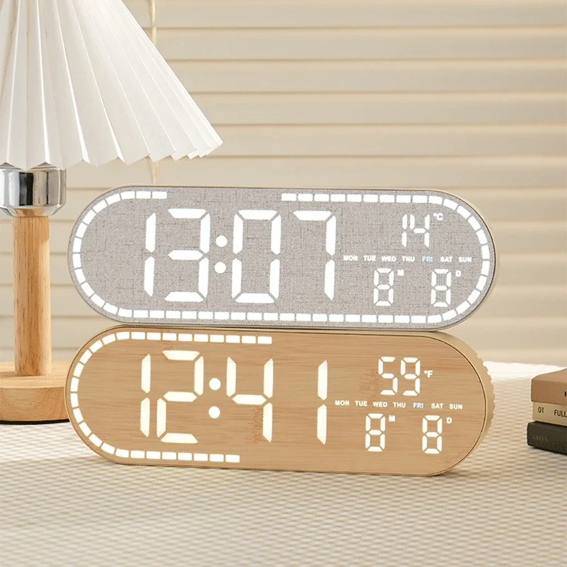 Horloge murale ovale multifonction GH8053, horloge électronique LED réglable avec 4 niveaux de luminosité, affichage de la date et de la température - Jaune