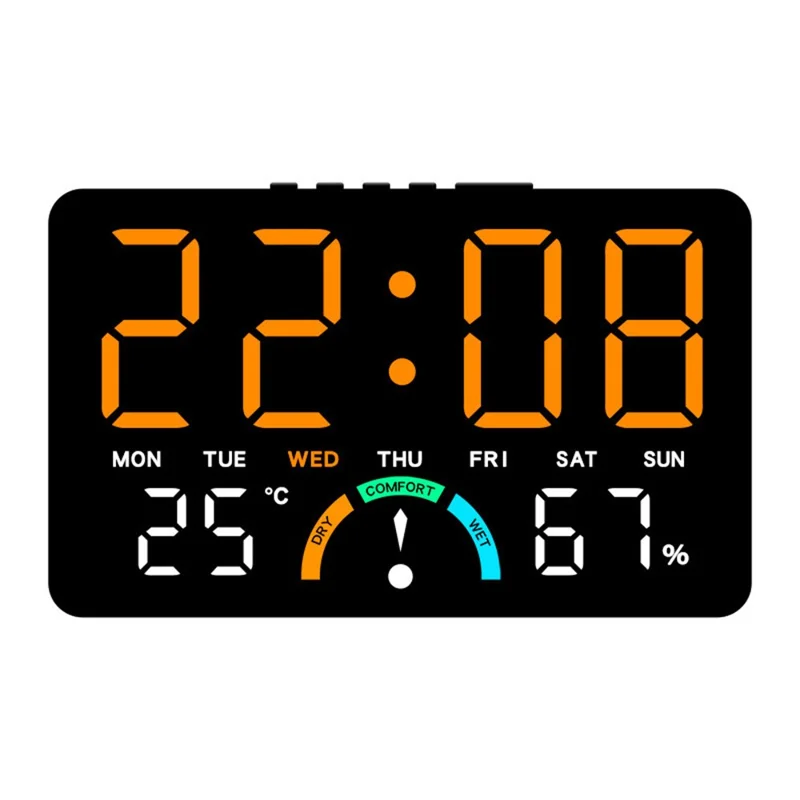 GH9007 Horloge électronique numérique à grand écran LED, réveil multifonction avec température et humidité - Coque noire + lumière orange