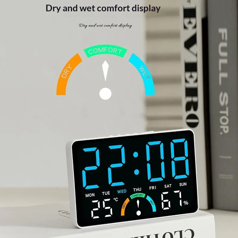 GH9007 Horloge électronique numérique à grand écran LED, réveil multifonction avec température et humidité - Coque noire + lumière orange