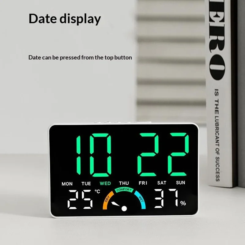 GH9007 Horloge électronique numérique à grand écran LED, réveil multifonction avec température et humidité - Coque noire + lumière orange