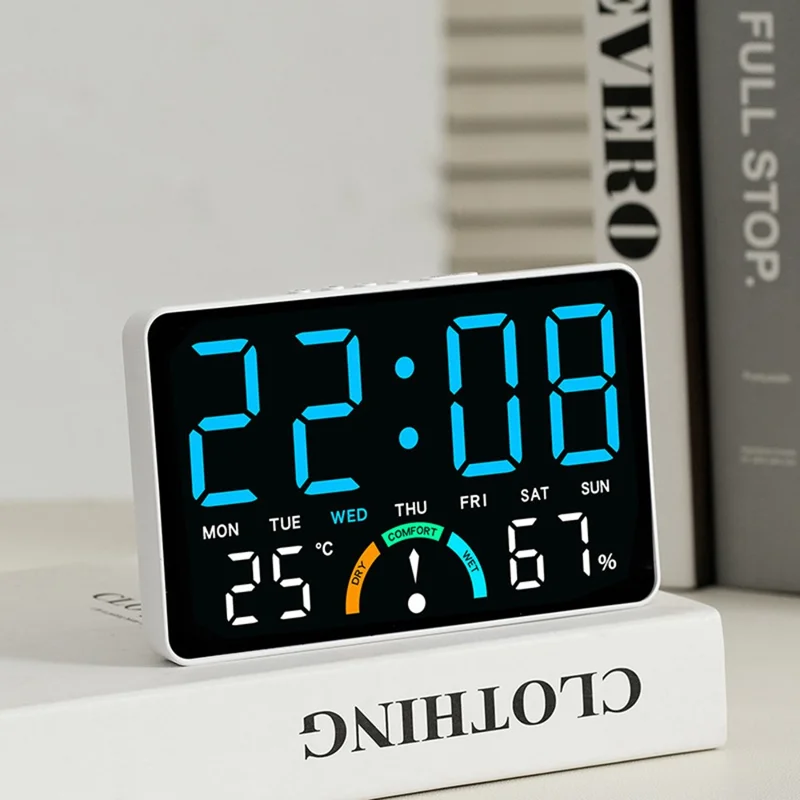 GH9007 Horloge électronique numérique à grand écran LED, réveil multifonction avec température et humidité - Coque noire + lumière orange