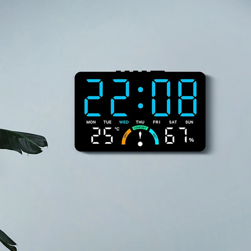 GH9007 Horloge électronique numérique à grand écran LED, réveil multifonction avec température et humidité - Coque noire + lumière orange