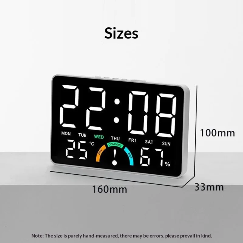 GH9007 Horloge électronique numérique à grand écran LED, réveil multifonction avec température et humidité - Coque noire + lumière orange