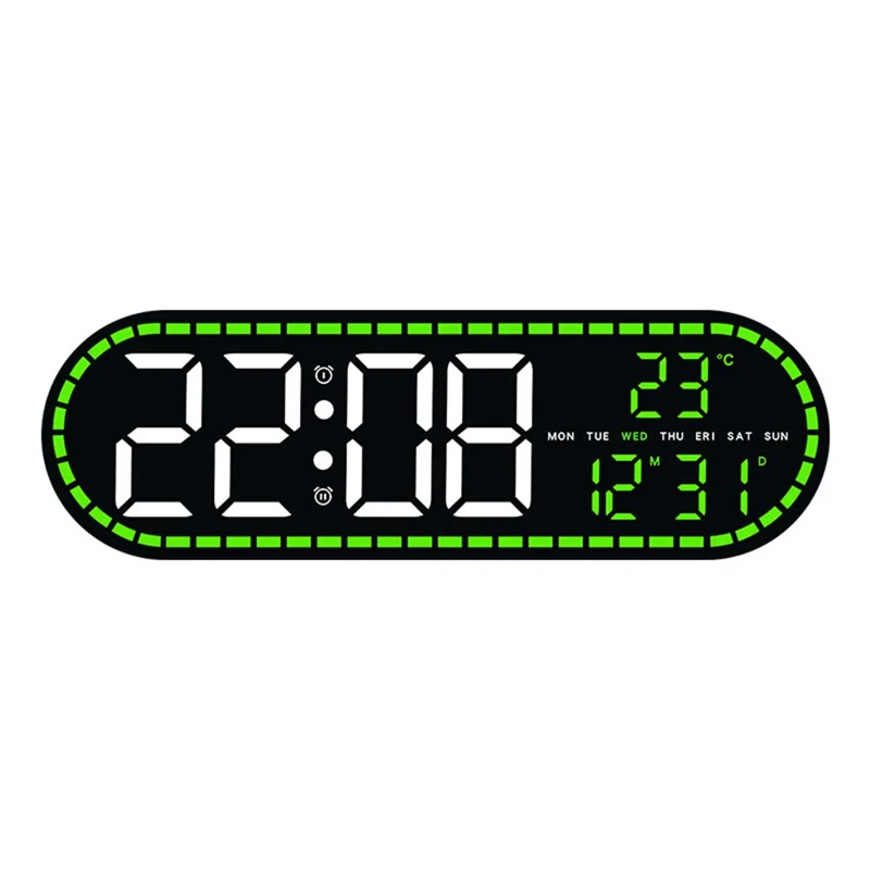 GH9009 Horloge Murale Multifonction avec Thermomètre et Hygromètre, Forme Ovale, Écran Numérique LED, Réveil, pour Salon ou Chambre - Coque Noire + Lumière Verte