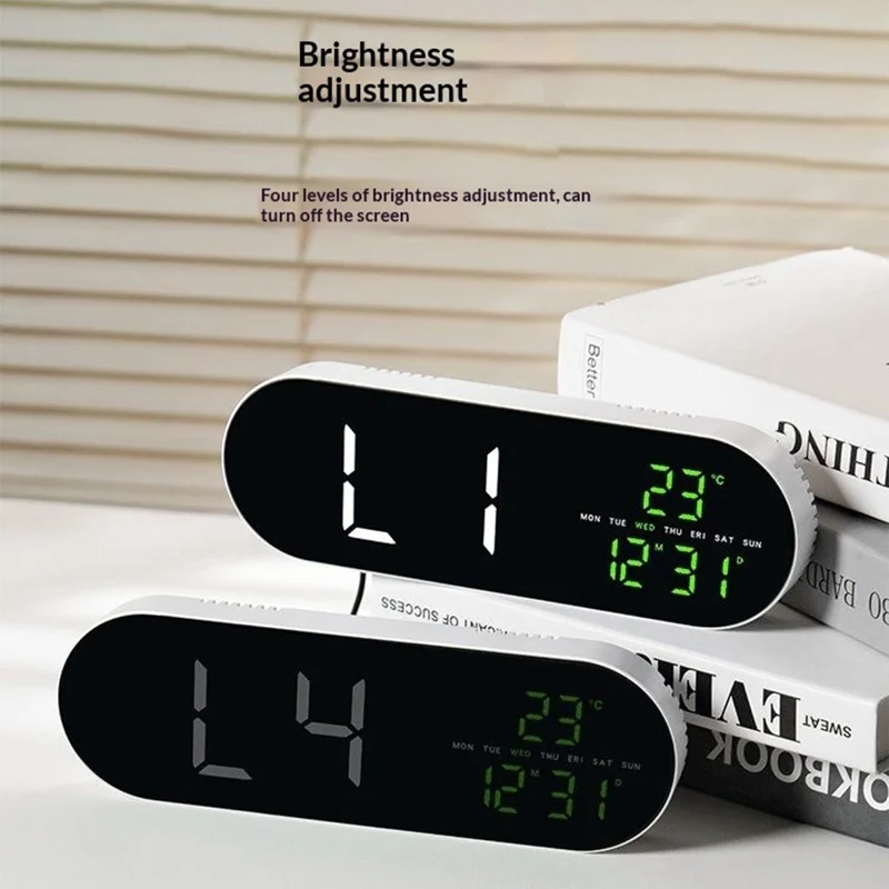 GH9009 Horloge Murale Multifonction avec Thermomètre et Hygromètre, Forme Ovale, Écran Numérique LED, Réveil, pour Salon ou Chambre - Coque Noire + Lumière Verte