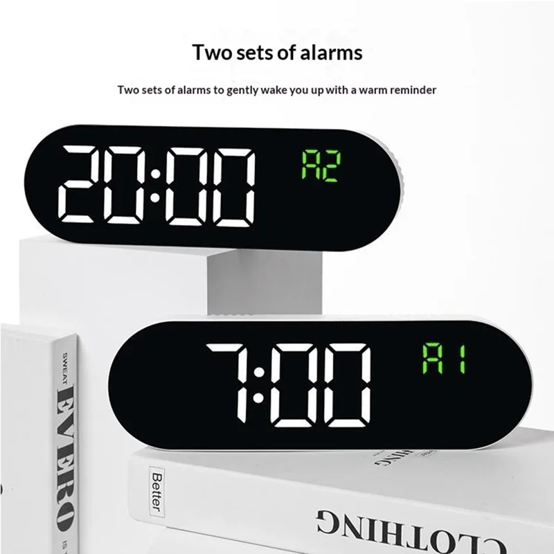 GH9009 Horloge Murale Multifonction avec Thermomètre et Hygromètre, Forme Ovale, Écran Numérique LED, Réveil, pour Salon ou Chambre - Coque Noire + Lumière Verte