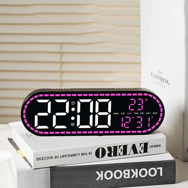 GH9009 Horloge Murale Multifonction avec Thermomètre et Hygromètre, Forme Ovale, Écran Numérique LED, Réveil, pour Salon ou Chambre - Coque Noire + Lumière Verte