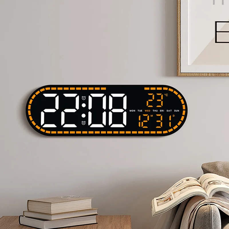 GH9009 Horloge Murale Multifonction avec Thermomètre et Hygromètre, Forme Ovale, Écran Numérique LED, Réveil, pour Salon ou Chambre - Coque Noire + Lumière Verte