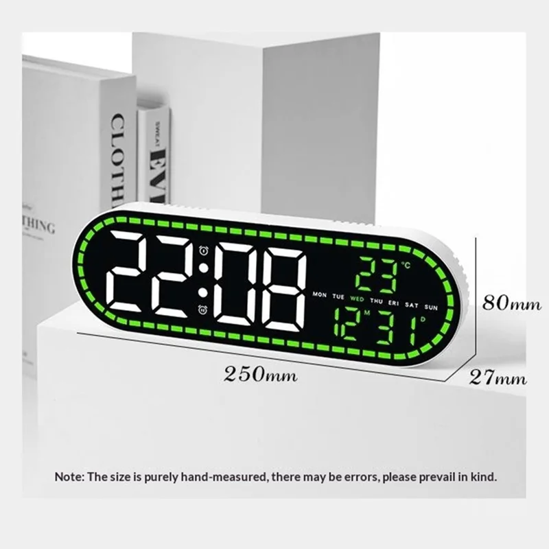 GH9009 Horloge Murale Multifonction avec Thermomètre et Hygromètre, Forme Ovale, Écran Numérique LED, Réveil, pour Salon ou Chambre - Coque Noire + Lumière Verte